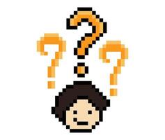 Design of pixel art face smile male man or boy with question mark confuse wonder don't know cartoon. vector