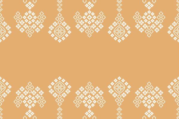 Ethnic pattern cross stitch with cream color background pixel design motif fabric.