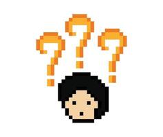 Cute art design face of male man or boy with question mark confuse wonder cartoon pixel art 8 bit. vector