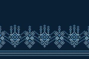 Ethnic pattern cross stitch design pixel motif blue color background fabric pattern art. vector
