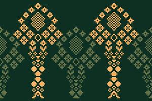 Ethnic pattern green color background motif pixel art design fabric pattern decor. vector