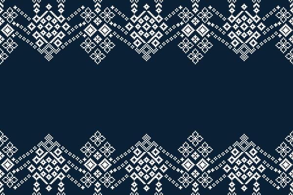 Cross stitch fabric pattern motif blue color background ethnic pattern pixel art design decor.