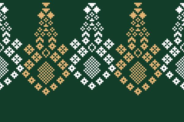 Green color background wallpaper motif pixel art design fabric pattern decoration ethnic pattern.