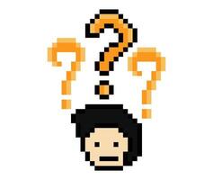 Pixel art face of male man or boy and question mark confuse wonder don't know cartoon cute design 8-bit. vector