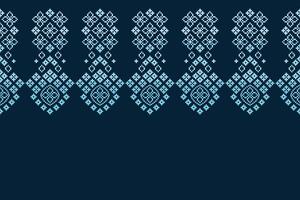 Cross stitch design pixel art blue color background motif wallpaper fabric ethnic pattern. vector