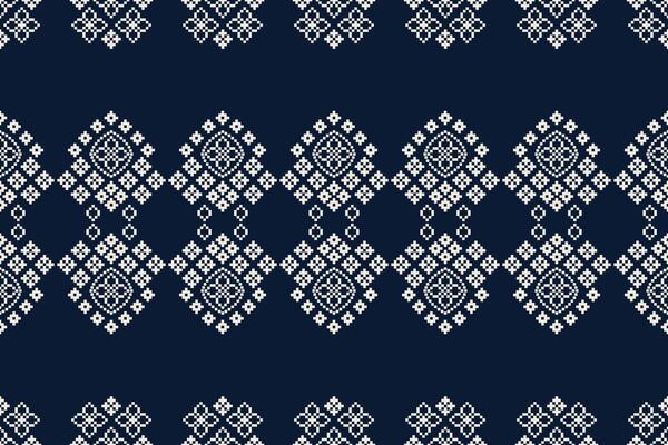 Fabric pattern with ethnic cross stitch design pixel art blue color background motif wallpaper.