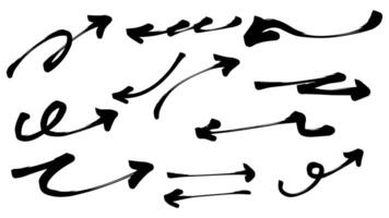 Features a collection of hand drawn black arrows with varying styles and orientations. The arrows are created with a bold, brushstroke aesthetic, giving them a dynamic and artistic look. vector