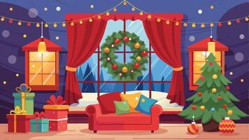 christmas interior with red sofa, christmas tree, presents and window vector
