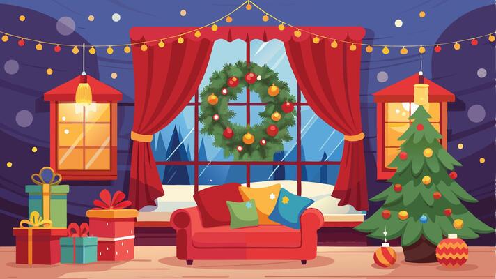 christmas interior with red sofa, christmas tree, presents and window