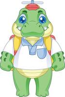 cute friendly crocodile cartoon character with propeller hat and carrying bag facing forward vector