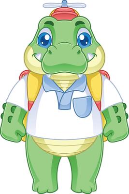 cute friendly crocodile cartoon character with propeller hat and carrying bag facing forward
