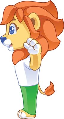 cute friendly lion cartoon character raising both hands facing sideways