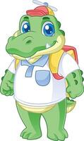 cute friendly crocodile cartoon character with propeller hat and carrying bag vector