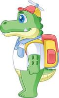 cute friendly crocodile cartoon character with propeller hat and carrying bag facing sideways vector