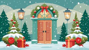 christmas door with presents and trees vector