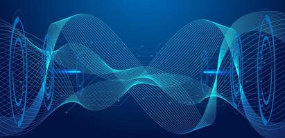 Abstract quantum computer technology. Wavy line with circuit board blue background vector