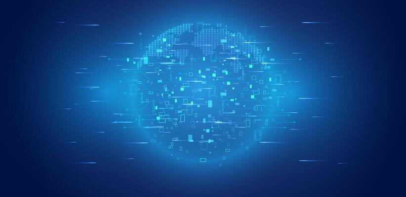 Quantum technologies computing. Big data transfer and visualization with technology pattern. Abstract tech background