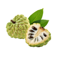 Custard apple with slice and leaf on transparent background png