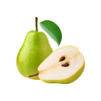 Fresh pear fruit with slice and leaf on transparent background png