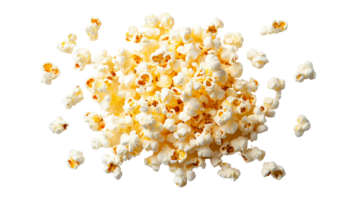 Freshly popped popcorn, fluffy and golden, scattered on black background, perfect for snacking or movie nights. Enjoy delightful crunch and buttery flavor png
