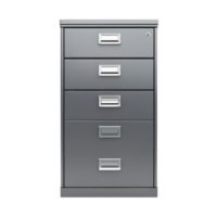 Modern metal filing cabinet with four drawers, ideal for office organization and storage. Its sleek design complements any workspace while providing ample space for documents png