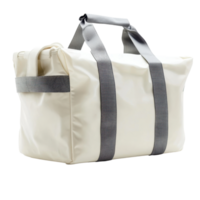 Stylish white duffel bag with gray straps, perfect for travel or gym use. This versatile bag combines functionality and modern design for everyday adventures png