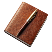 brown leather notebook with gold pen resting on top, perfect for writing notes or journaling. texture of leather adds touch of elegance and sophistication png