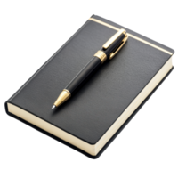 sleek black notebook with gold accented pen resting on top, perfect for jotting down thoughts or notes. Ideal for students and professionals alike png