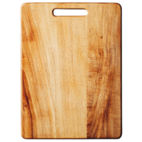 Wooden cutting board with smooth surface and handle, perfect for kitchen use. Ideal for food preparation and serving, showcasing natural wood grain png