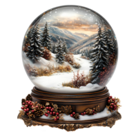 Snow globe , Festive glass globe with a winter scene inside, featuring snowflakes, a cozy village, or a Christmas tree. Snow globe isolated png