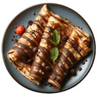 Chocolate crepes on plate top view . Pancakes with chocolate drizzle on top flat lay . Chocolate dessert full of sweets isolated. Chocolate crepe . Chocolate pancake png
