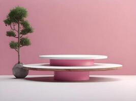 Minimalist small wooden stand with pastel pink color for displaying cute products. photo