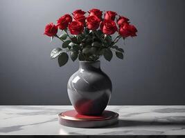Red rose in a simple elegant gray marble vase photo