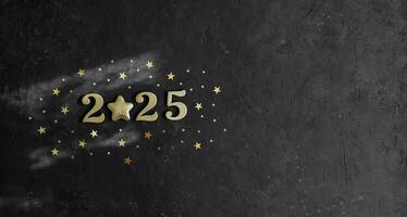 Numbers 2025 on black concrete background, instead of the number 0 there is golden star. New Year banner photo