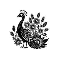 Graceful Indian Peafowl - Black and White Peacock Bird Clipart vector