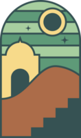 Boho arch with desert mountains and moon. Bohemian minimal illustration. Abstract windows with nature landscape. Oasis hills, river and sunset. Aesthetic element png