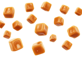 Floating caramel cubes creating a sweet and whimsical atmosphere in mid-air png