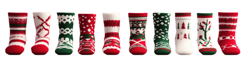 Colorful festive socks in red, green, and patterns displayed neutral png
