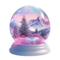 Charming snow globe featuring frosted mountains and vibrant snowy trees in winter png