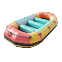 Colorful inflatable raft ready for whitewater adventure in a scenic river setting png