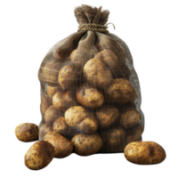 Sack of fresh potatoes standing upright with scattered ones around in a rustic setting png
