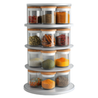 Frosted glass spice rack with multiple transparent containers showcasing colorful spices png