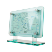 A modern frosted glass map display showcasing local streets in an urban setting png