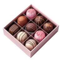 Delicious assortment of handcrafted chocolates in a decorative box on a white background png