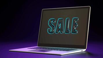 Modern laptop with word SALE in bold 3D letters with neon edges against gradient purple and black background. Perfect for online sales, e-commerce, digital promotions in sleek, futuristic design. video