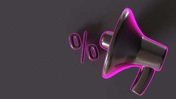 3D animation of black megaphone with glowing pink edges, emitting percentage symbols on sleek dark background. Ideal for promotions, discounts, marketing materials with modern futuristic design. video