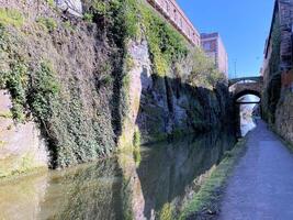 A canal with a bridge and a building on the other side photo
