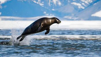 A seal jumping out of the water with mountains in the background photo