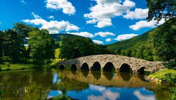 A stone bridge over a river in the middle of a green field photo