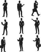 business man silhouette set. Businessman in a different posture. professional man with laptop, bag, phone, and in various expressions. businessman silhouette that can be easily used as logo or icon. vector